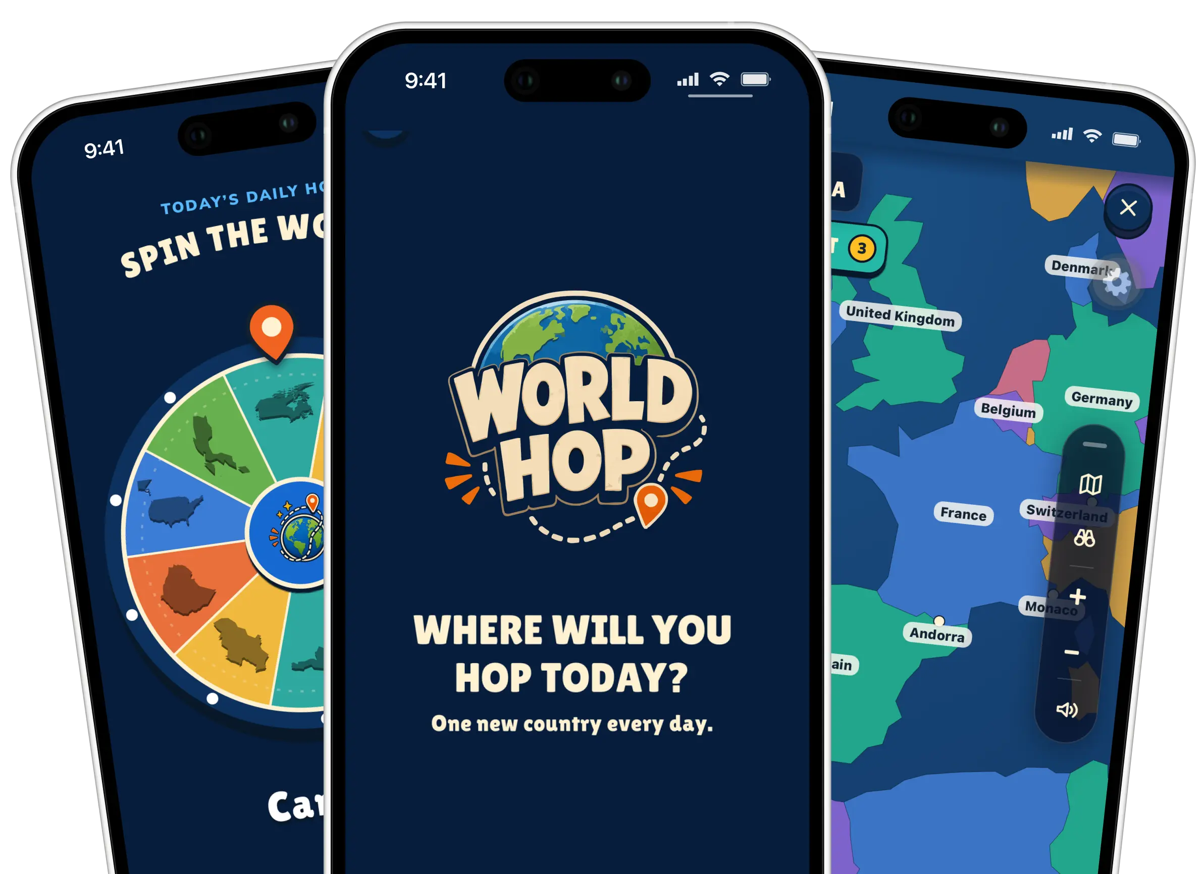The WorldHop app on three phones: spin the globe, today&rsquo;s hop, and the world map