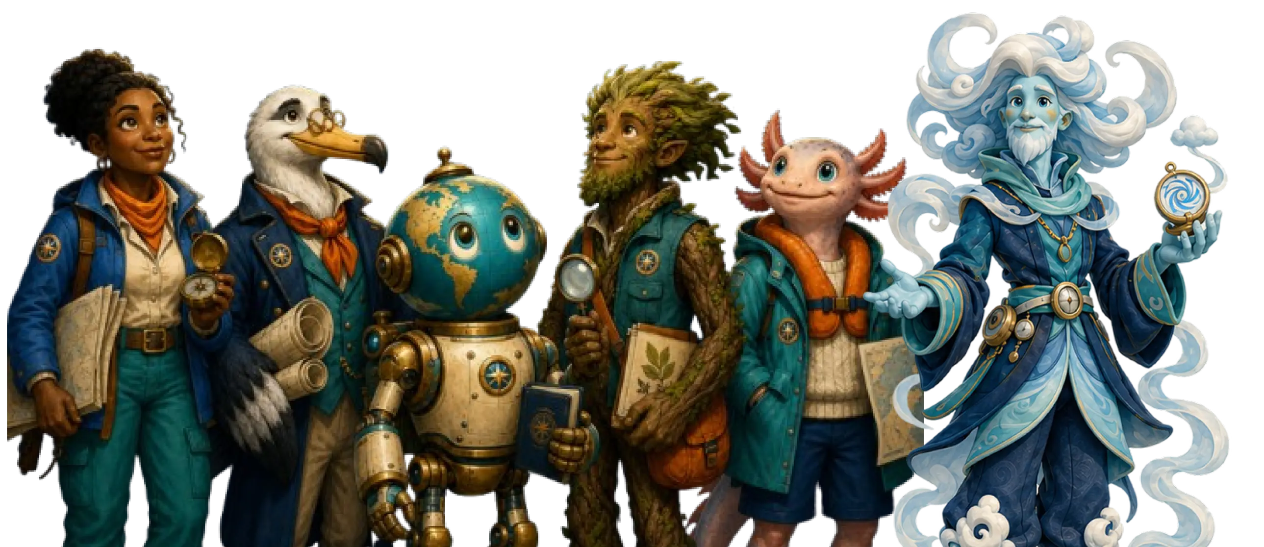 The WorldHop host characters lined up together: an explorer with her maps, an albatross navigator, a globe-headed robot, a woodland guide, an axolotl and a cloud sage