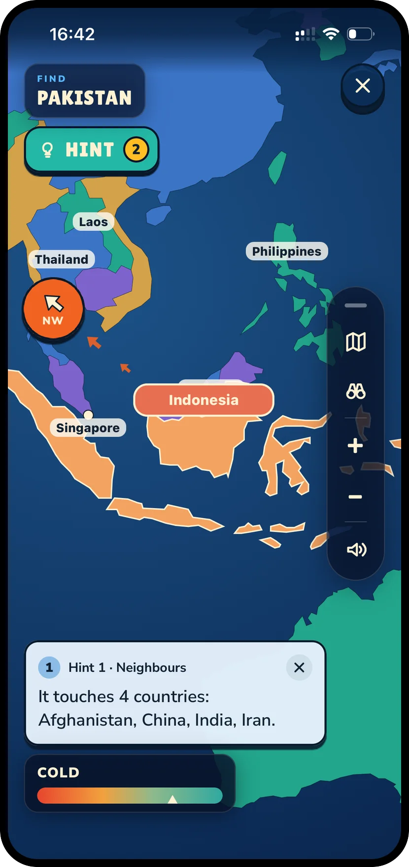 WorldHop map hunt with a neighbours hint and warm-cold meter