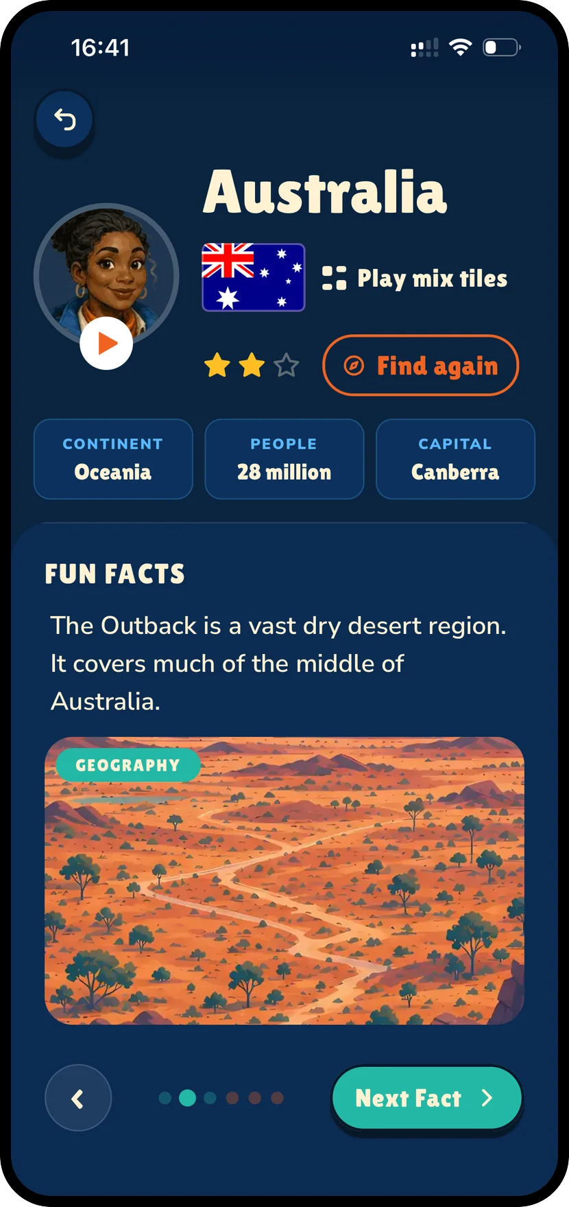 WorldHop meet the country facts screen for Australia