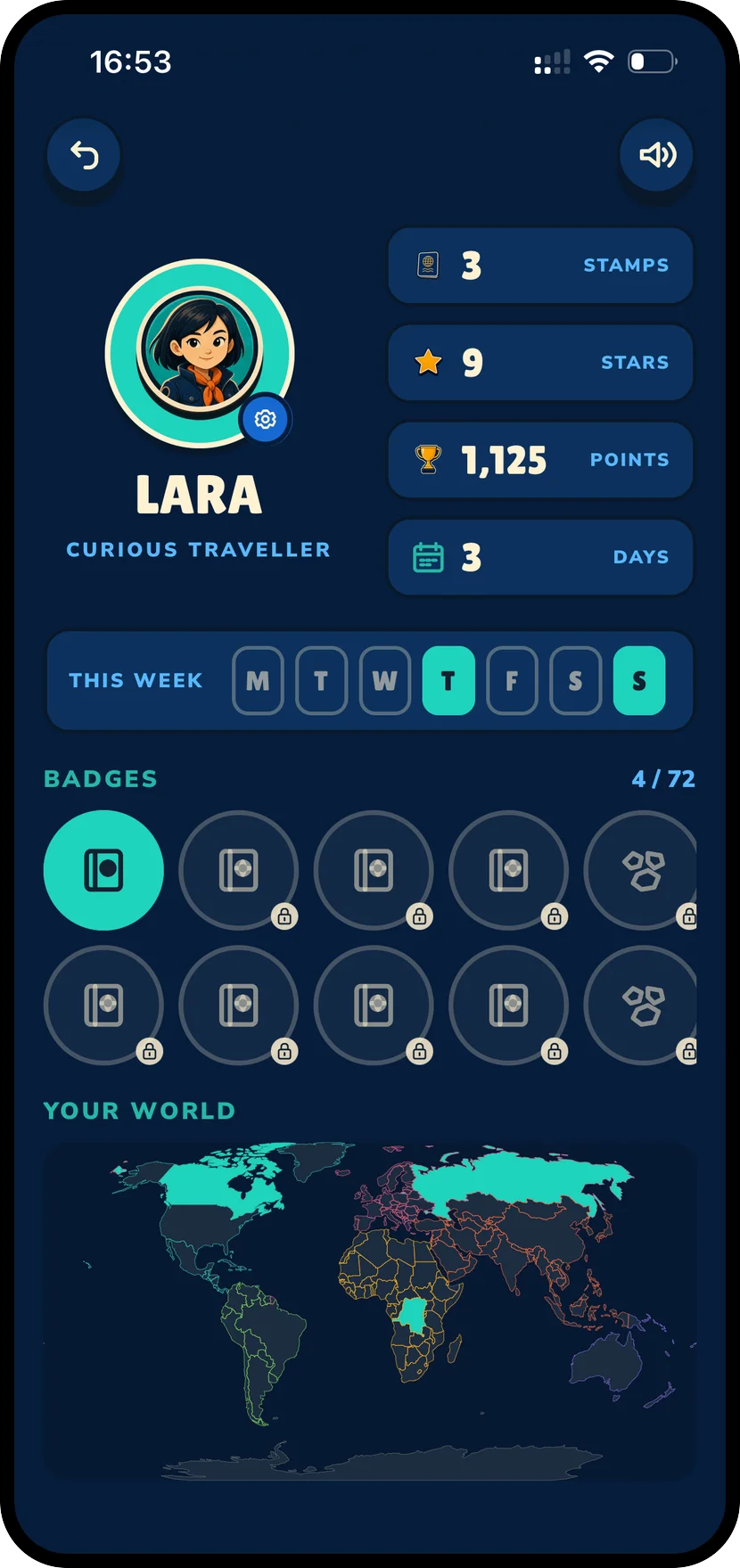 WorldHop explorer profile with this week's days, badges and stamps