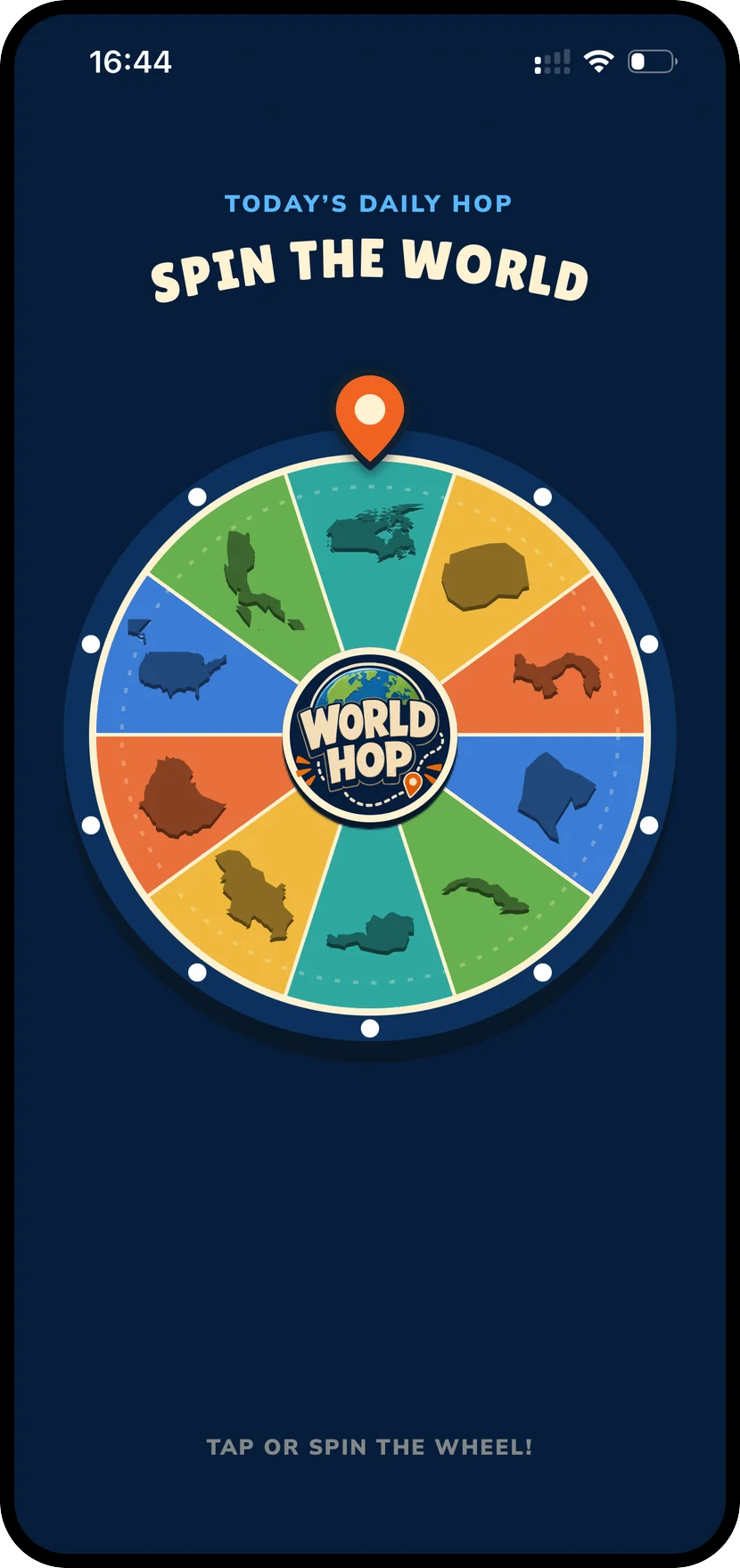 WorldHop Spin the World screen