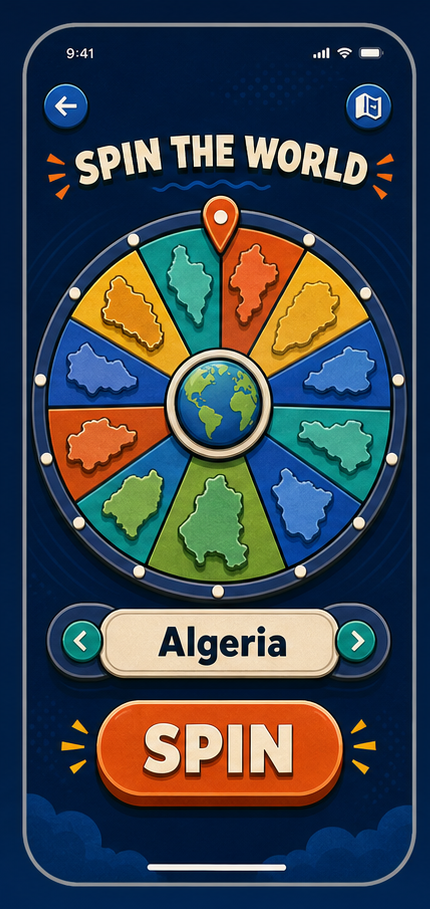 WorldHop Spin the World screen