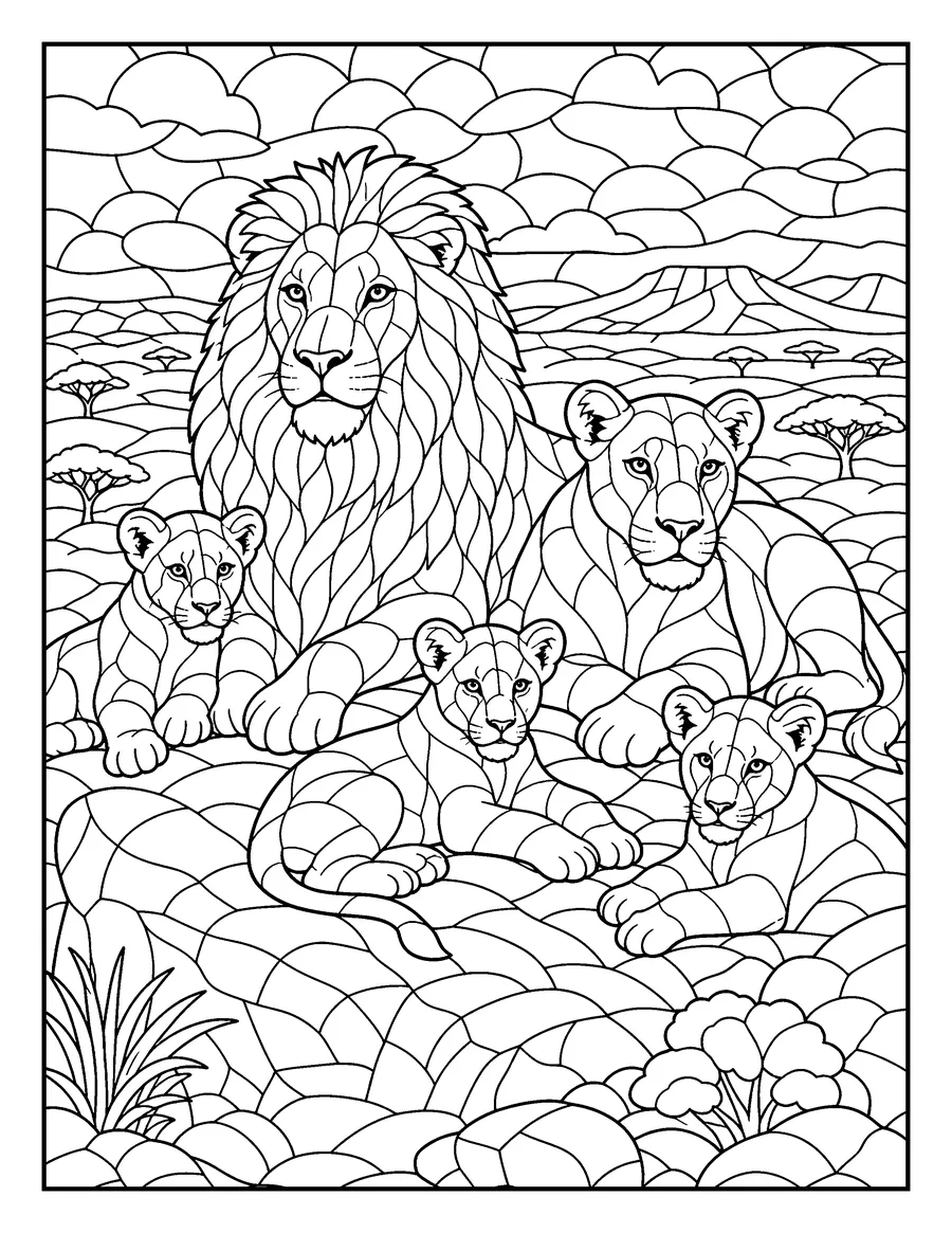Mosaic colouring page of a lion pride on the savannah