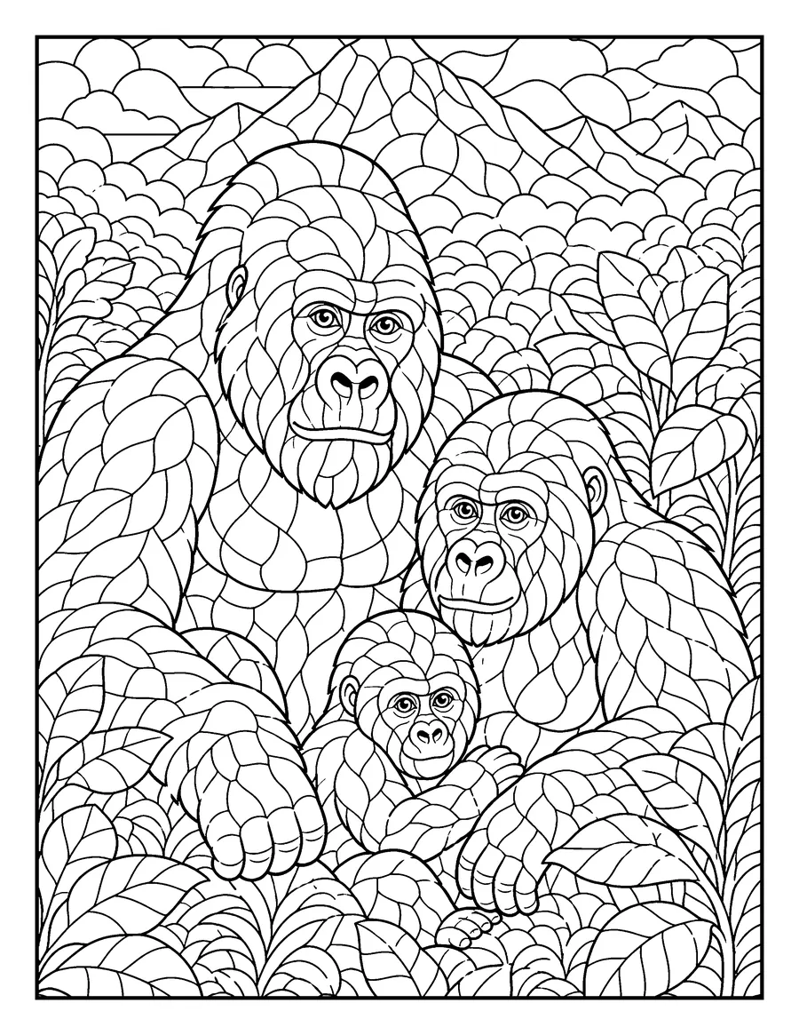 Mosaic colouring page of mountain gorillas