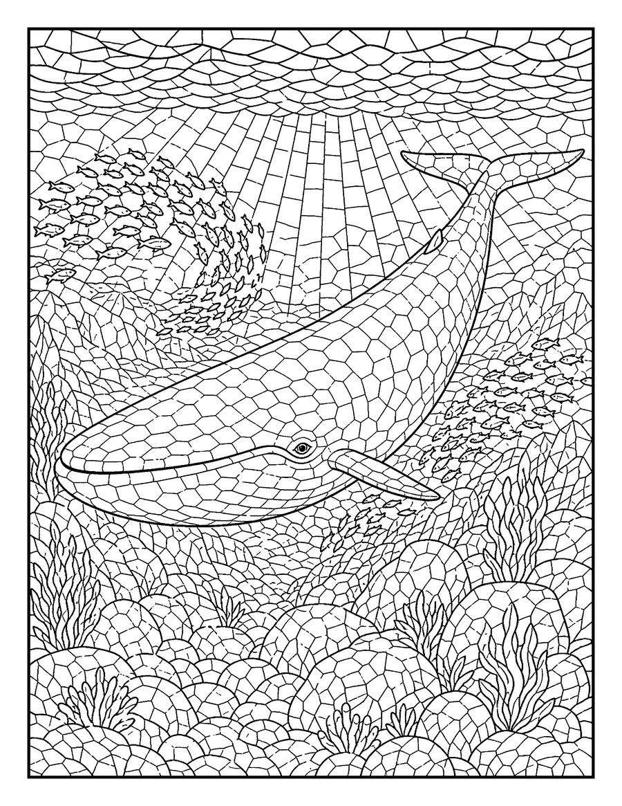 Mosaic colouring page of a blue whale