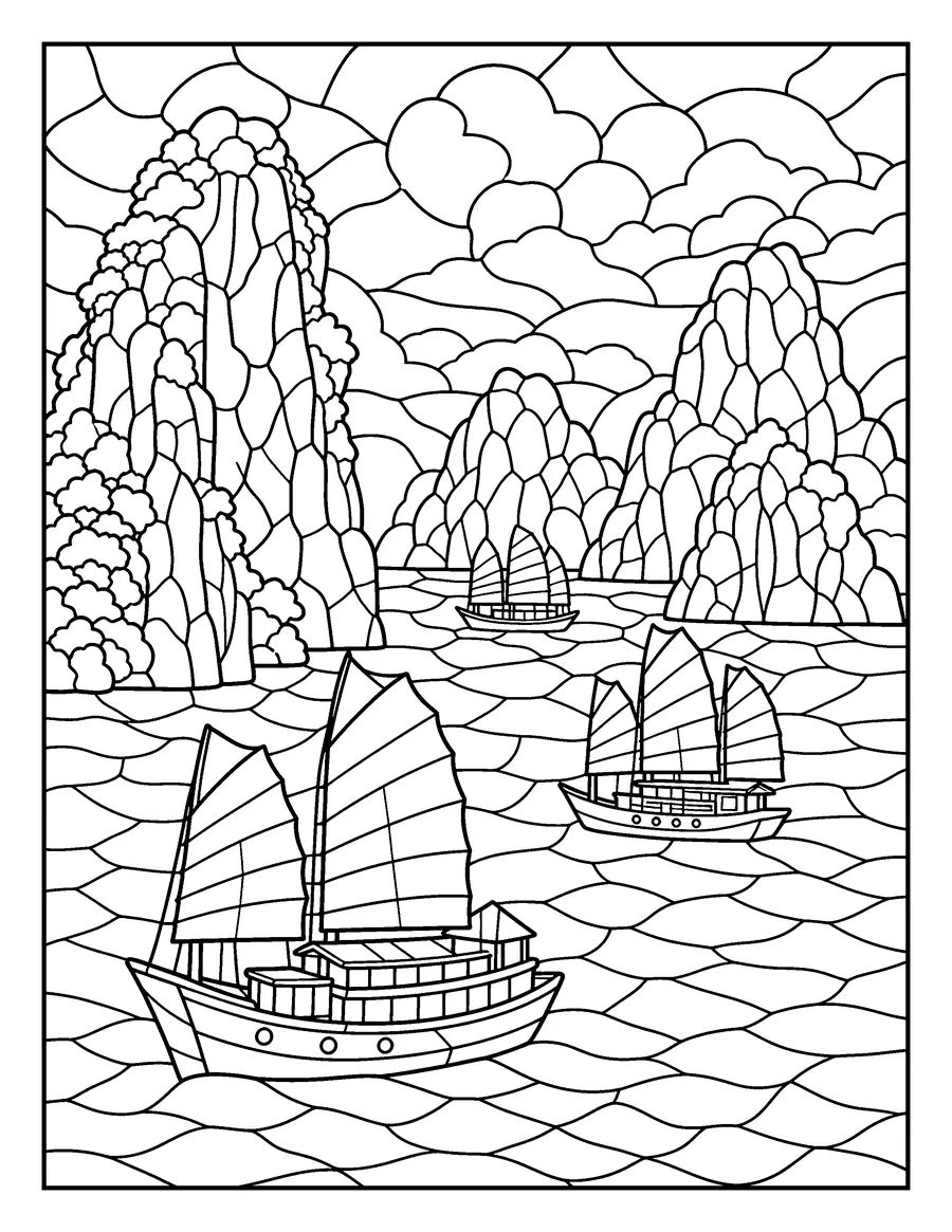Mosaic colouring page of Ha Long Bay