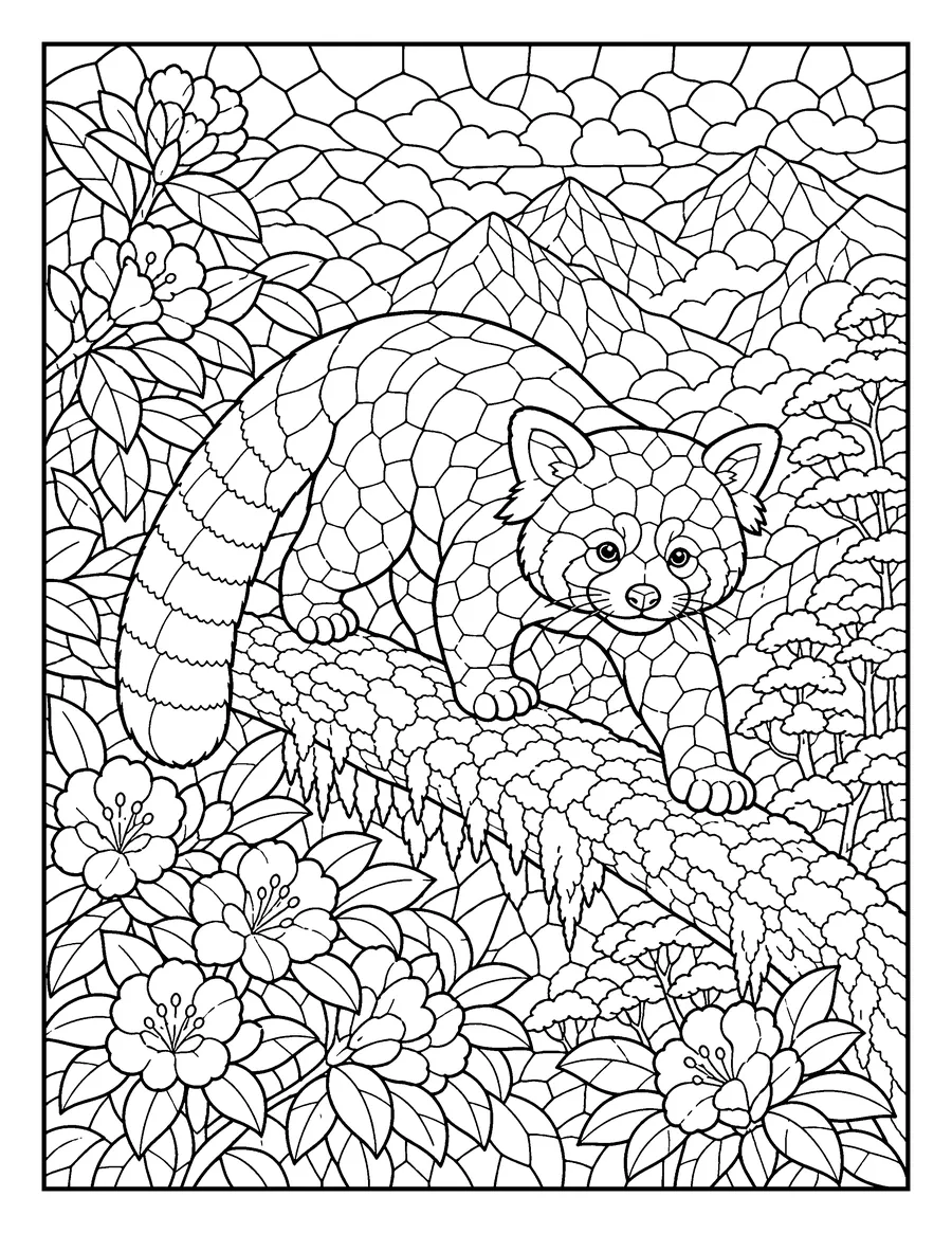 Mosaic colouring page of a red panda among rhododendrons