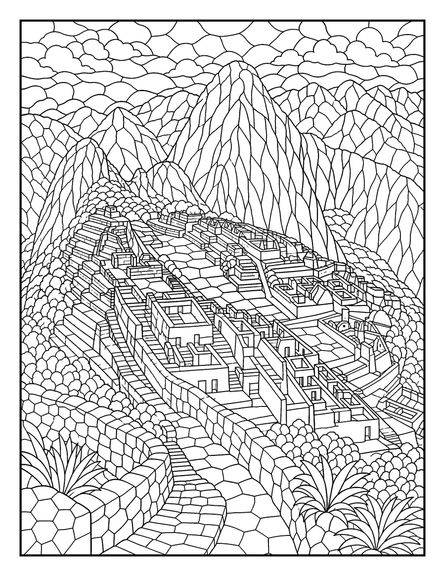 Mosaic colouring page of Machu Picchu, Peru