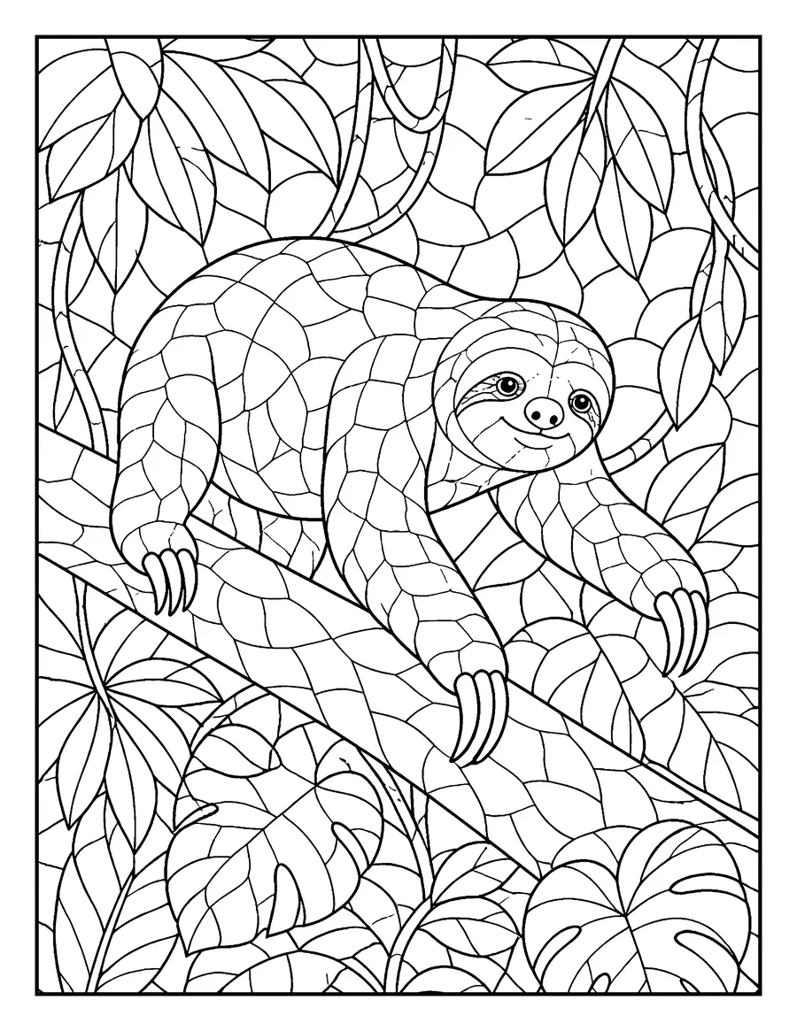 Mosaic colouring page of a three-toed sloth