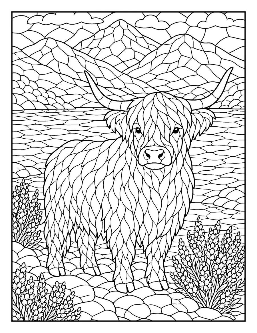 Mosaic colouring page of a Highland cow