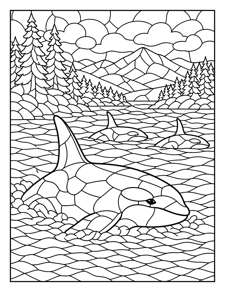 Mosaic colouring page of an orca