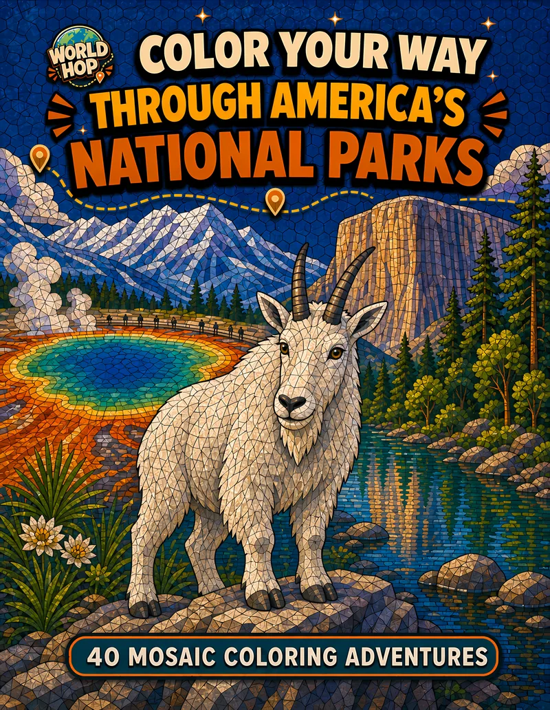 Cover of Color Your Way Through America's National Parks, a WorldHop colouring book