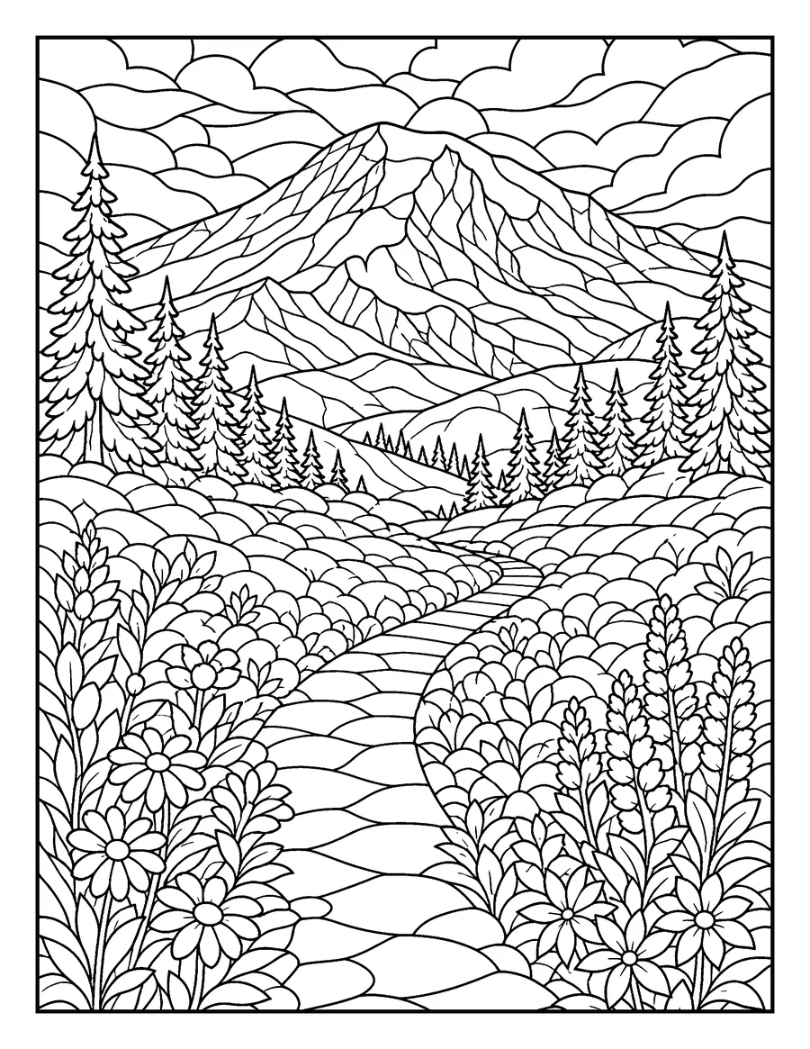 Mount Rainier wildflower meadow mosaic scene from inside Color Your Way Through America's National Parks