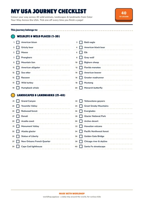 Preview of the printable USA Journey Checklist