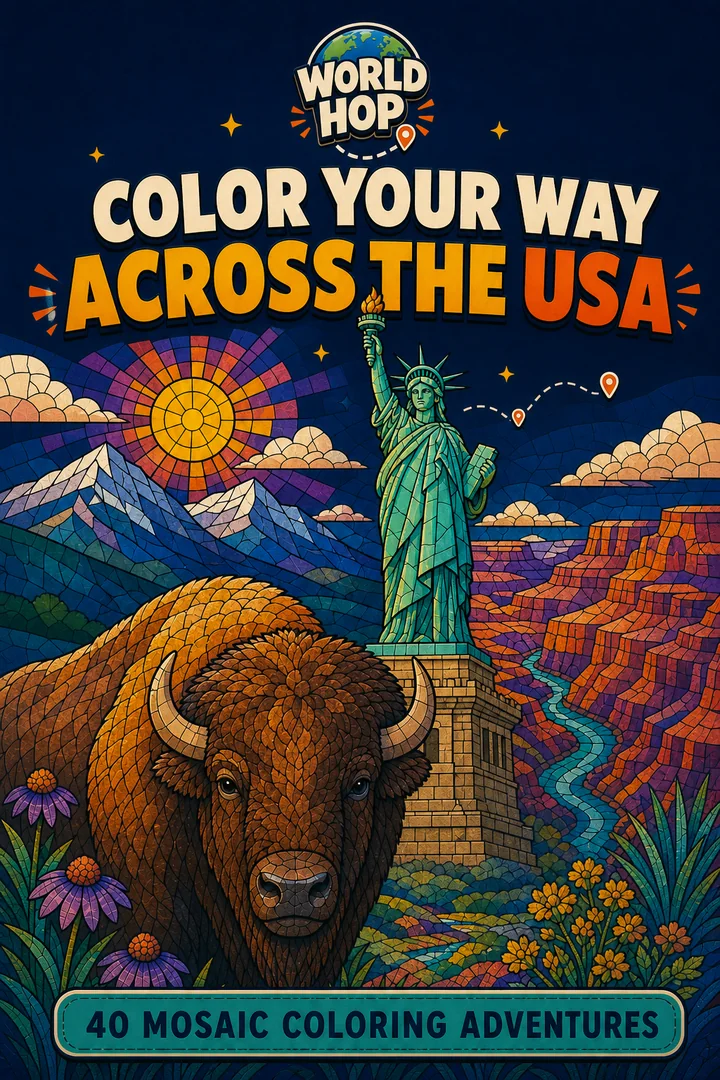 Cover of Color Your Way Across the USA, a WorldHop colouring book