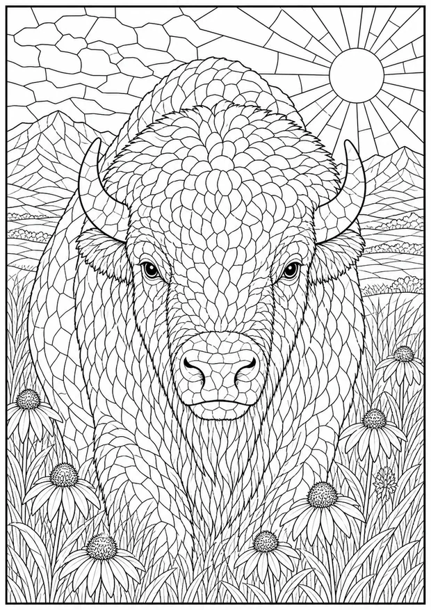 American bison mosaic colouring page