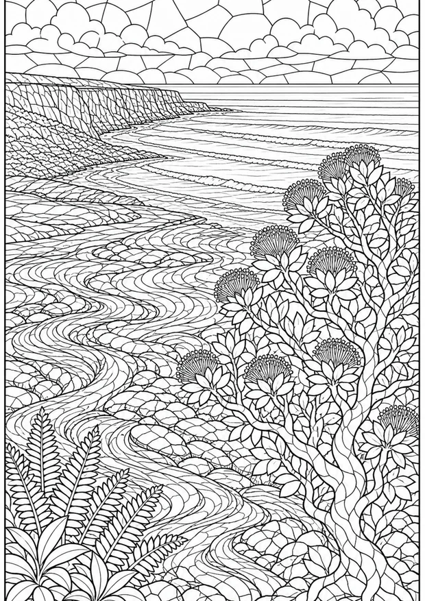 Hawaiian volcanic landscape mosaic colouring page