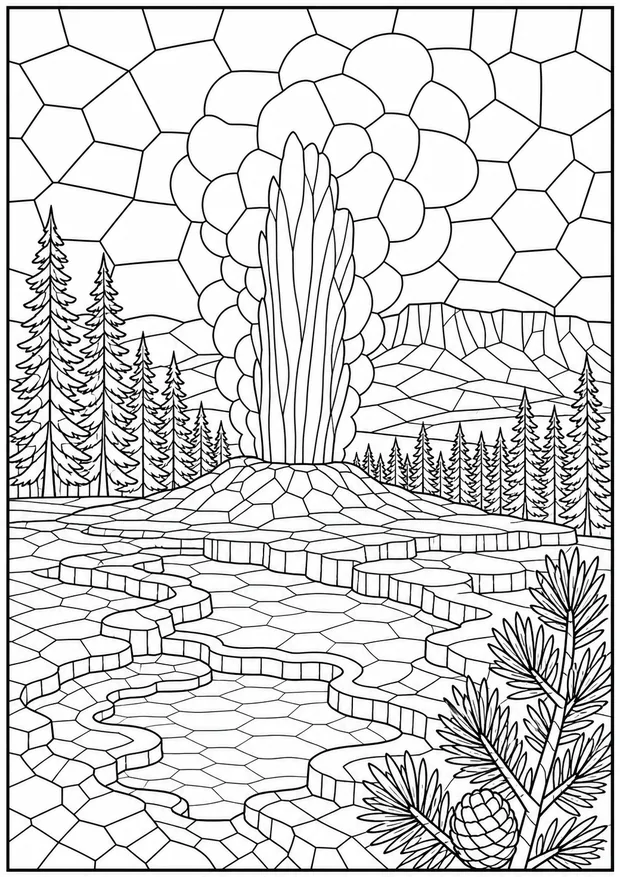 Yellowstone geysers mosaic colouring page