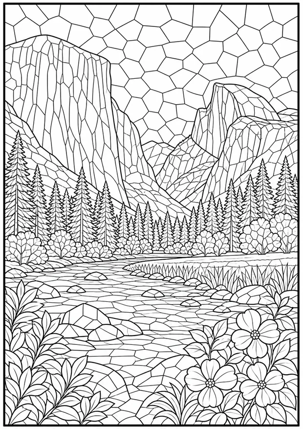 Yosemite Valley mosaic colouring page